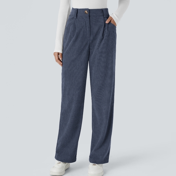 Halara Pants Womens Blue Wide Leg Corduroy Pleated High Rise Size XL Preppy NWT - Picture 1 of 11